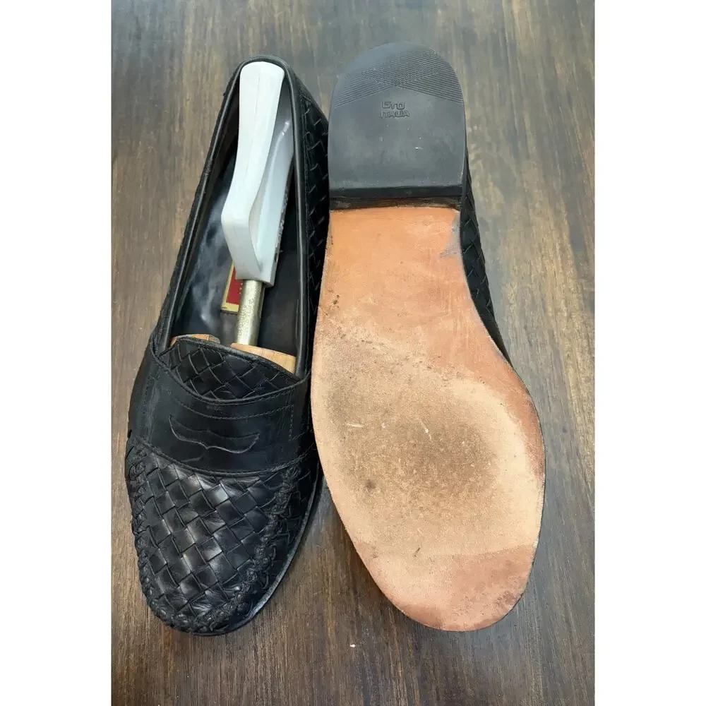 Mens 10.5 M Cole Haan Black Leather Woven Penny Loafers Dress Shoes